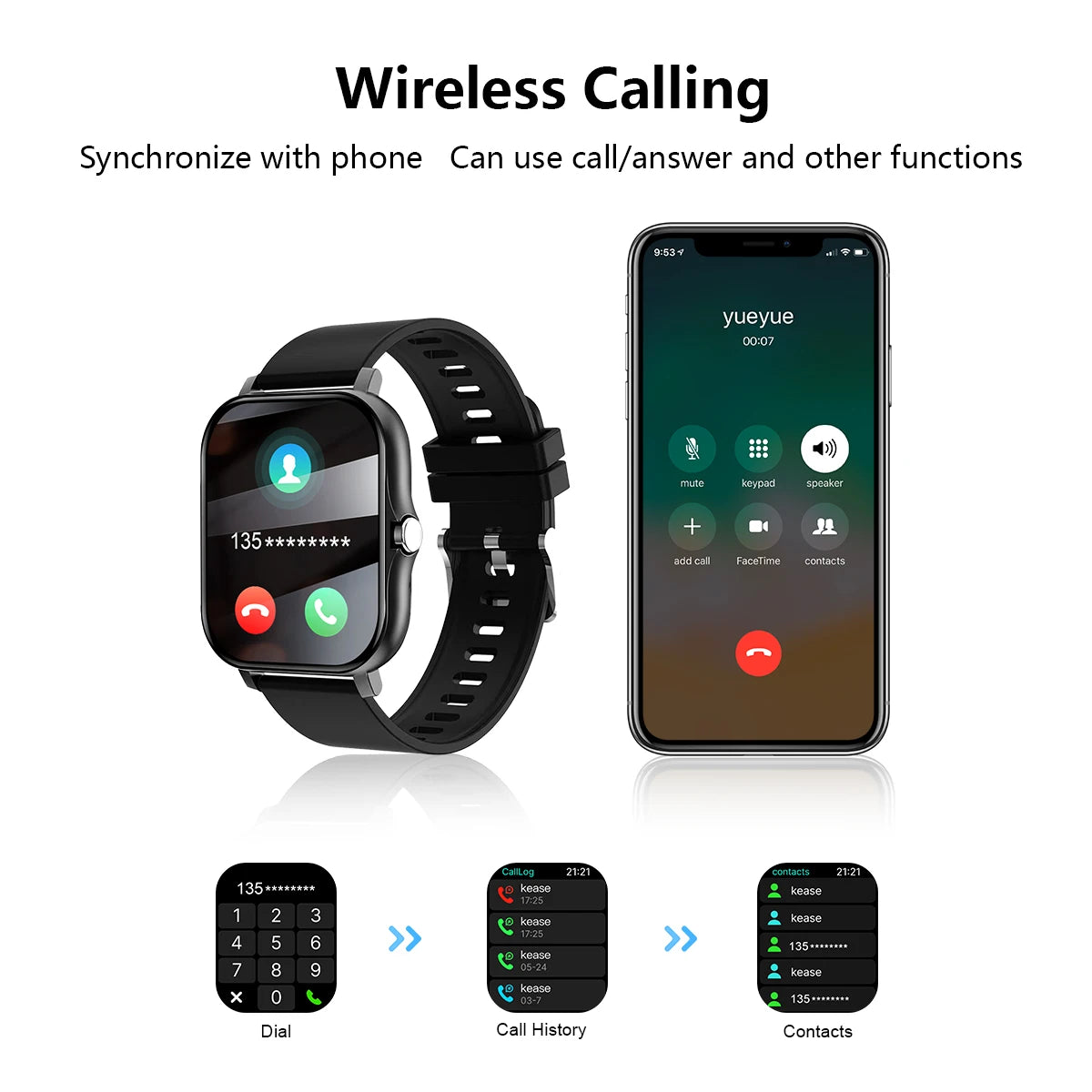 Smart watch wireless calling/dialing and fitness monitoring for iPhone/Andriod
