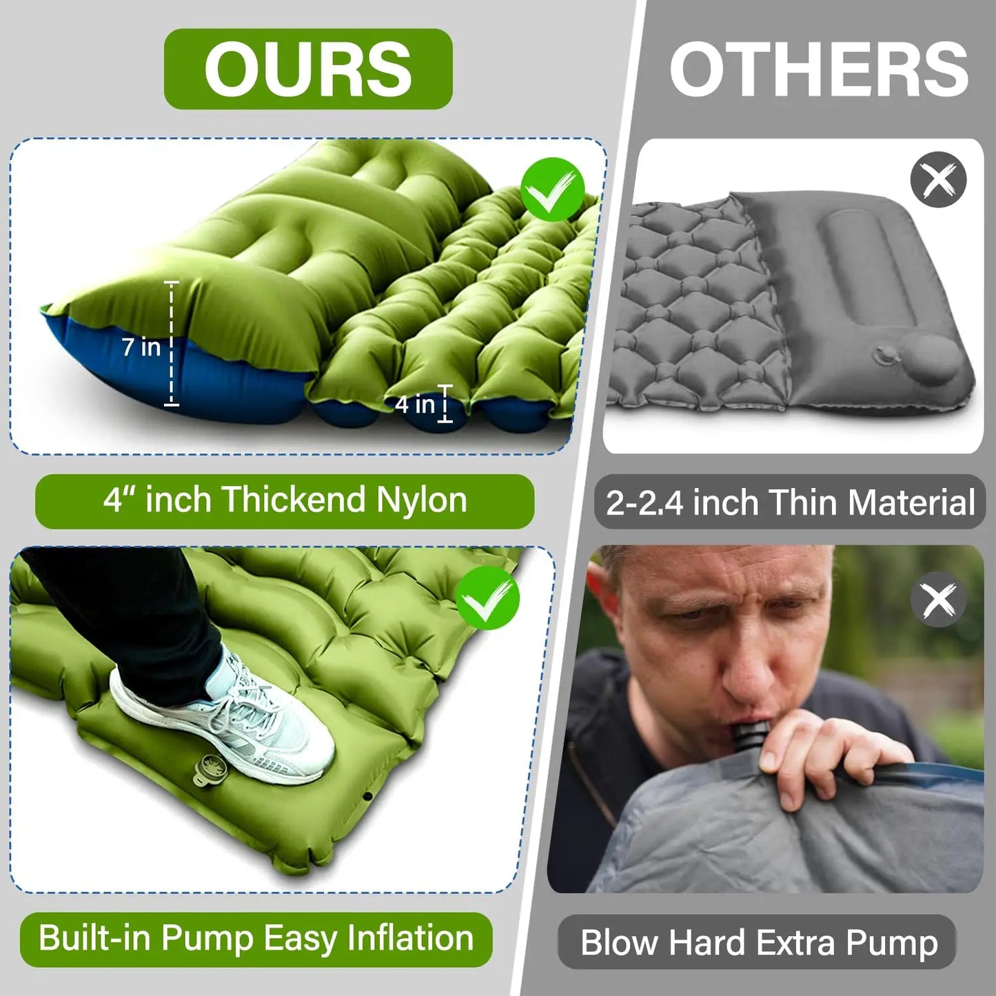 Double Sleeping Pad 4" Thick for 2 Person with Pillow Built-in